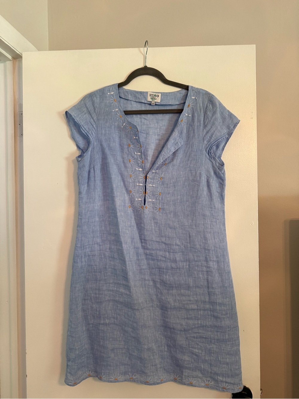 Light Blue Embroidered Linen Shift Dress